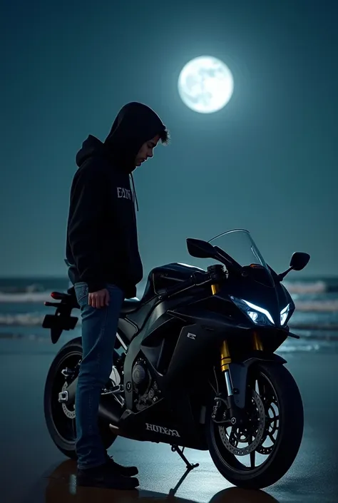 High quality,8k ultra HD a guy in a black hoodie and jeans standing next to a Honda CBR 1000rr at night on the beach with the moonlight shining on the bike him facing to the bike 