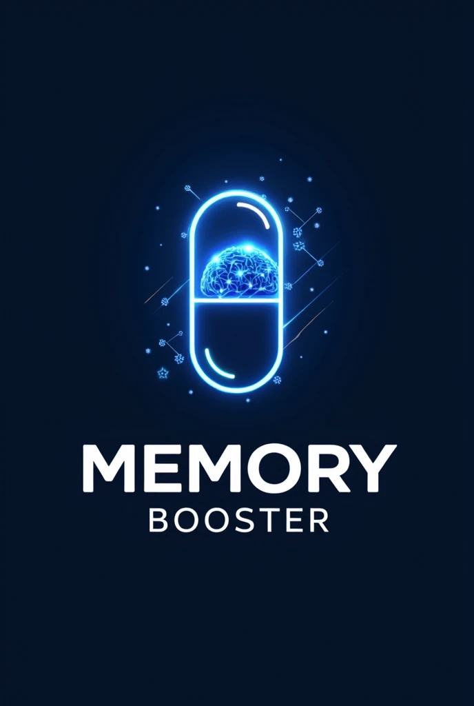 A professional logo for a memory-boosting pill named 'Memory Booster'. The logo features a stylized brain with glowing neural connections, combined with a capsule or pill shape. The design is modern, clean, and minimalistic, using shades of blue and white ...