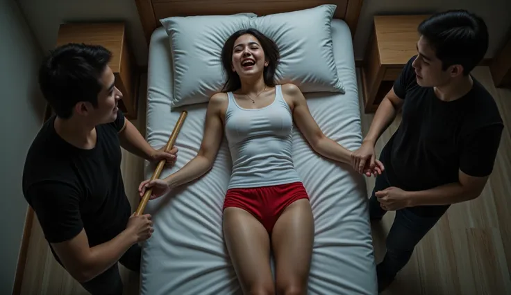 Wide angle picture, 23-year-old Indonesian woman lying on her back screaming hysterically in fear, (wearing a white tanktop and red panties lying on the bed), and there are the figures of 3 young men, and 1 man wearing a 27-year-old black T-shirt standing ...