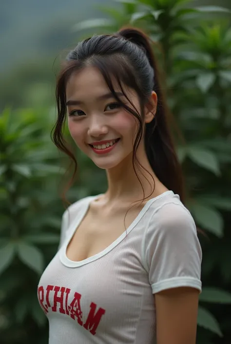 A round faced Asian girl ,  seductive smile,  sexy in various poses ,  Exciting action , Outdoor on the mountain, Standing among the cannabis trees  ,   wearing a tight-fitting white transparent T-shirt with a small red stripe.,  EMBOSSED CHEST BUTTON,  sh...