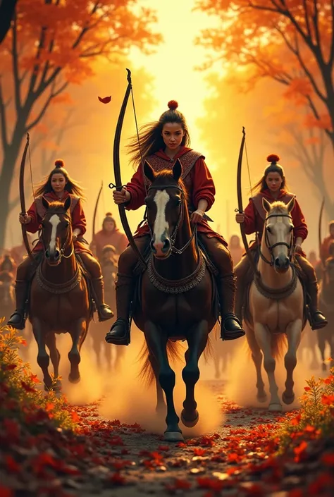 Forest in warm tones with warriors on horseback men and women with bows and dates,  best quality 8k, realistic with well-defined faces