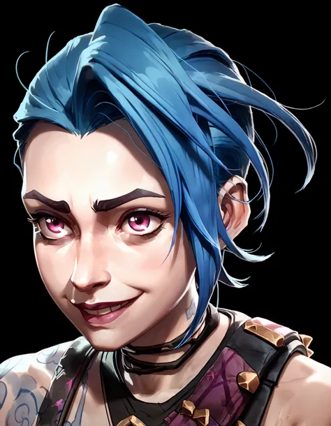 one woman, jinx from league of legends, (purple eyes:1.2), (grey skin:1.2), short hair, blue hair, (face close up:1.3), (black background, clear background:1.5), (studio lights, deep shadows:1.3), (happy face:1.2)