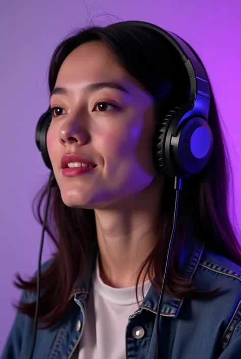  I want an image of a person with a headset. I want the image to have purple as a detail: a perfect and casual image of a person with the phone as if they were singing 