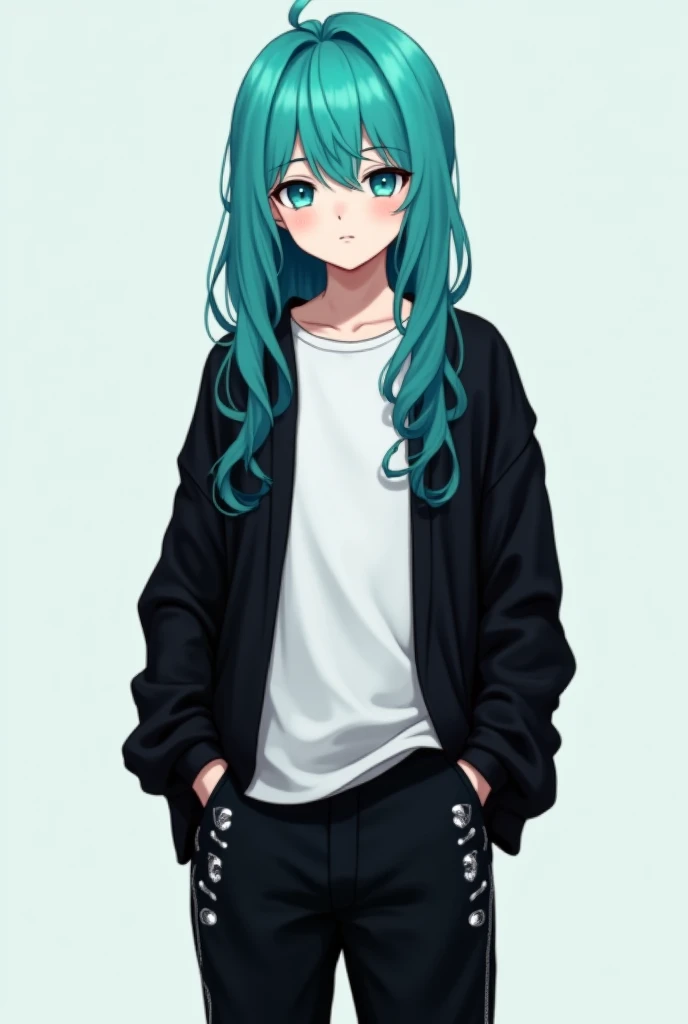 Create an image of a boy with long turquoise hair wearing an open black sweater and black pants with not too exaggerated white decorations, with white full body t-shirt