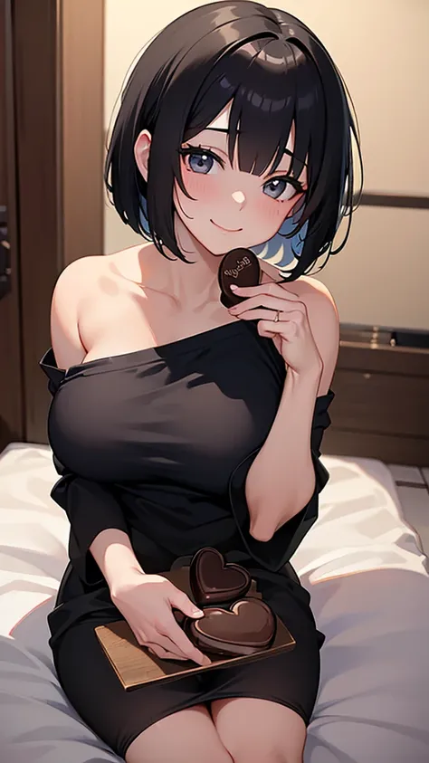 (Best Quality、8k、masterpiece:1.3)、Japanese、Black hair、Short Bob、Surreal、One Girl、Shy Smile、(Big Breasts、Valentine chocolate&#39;s Attractive Body:1.2)、Abdominal muscles:1.1、Glowing skin、Ultra detailed face、Detailed lips、Detailed eyes、double eyelid、Gergantl...