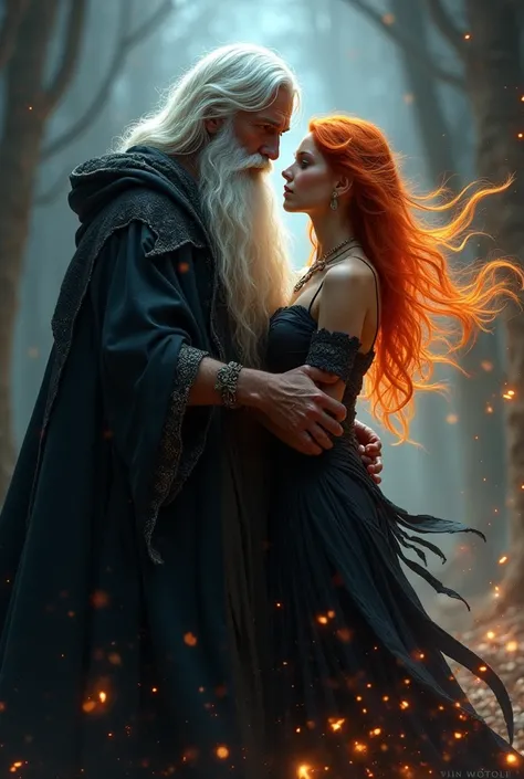 wizard men white hair,white long beard, flames in brown eyes,  black cloak, confident face, delicate detail. ultra details. highly detailed characters, dark atmospere ,young seductive redblond female apprentice, Both doing Magic Poses, magic spell