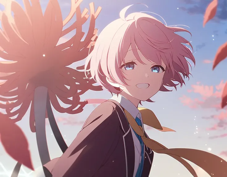  1 boy、Short Hair、Coral pink hair color、Light blue eyes、 half-open eyes、smile、dark reddish brown blazer、 yellow bow on chest 、front、From the chest up、Outdoors、blue sky、wind、 light particles