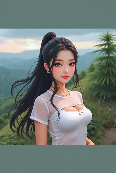 A round faced Asian girl ,  seductive smile,  sexy in various poses ,  Exciting action , Outdoor on the mountain, Atmosphere, rain, sunset, , , rain intersecting with shining sun,  Exaggerated beautiful , Standing among the cannabis trees  ,   wearing a ti...