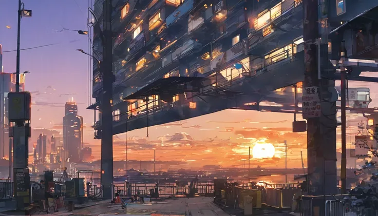 The streetscape has an 80's Japanese city pop vibe. 。From between the concrete buildings, 、The golden, sparkling ocean can be seen. 。The sun has set and the sky is dark, but the orange of the sunset lingers faintly in the distant sky.。 cassette walkman in ...