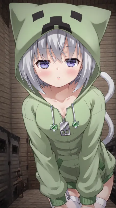 (masterpiece, best quality:1.3), (absurdres absolutely resolution), (8k), (detailed beautiful face and eyes), (detailed illustration), (super fine illustration), Creeper, animal hood, grey hair, short hair,hair between eyes,blue eyes, collarbone,green hood...