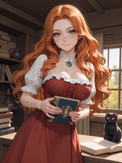 Anime witch woman, with a black cat , in a cabin, in the woods, she habe on a red dress, with frills, she have green eyes,ginger hair,a wand in one hard ,a book in her next hand ,she is in her spell room, you can see trees in her windowLong Hair, Smile, Bl...