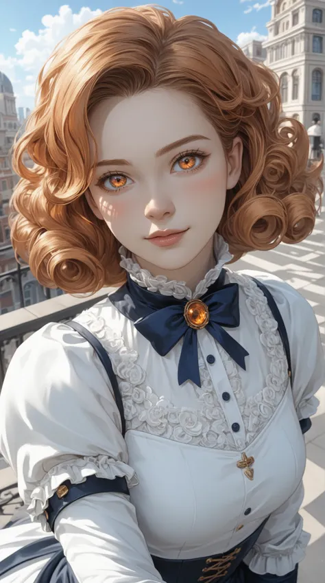   a beautiful woman had , Orange eyes, (blushing nose),   detailed eyes , cinematic,  drawn by Greg Rutkowski, Yoji Shinkawa : 0.6long curly orange hair, defined body, wears detailed armor from the Victorian era ((( super strong )),  masterpiece,   rolled ...