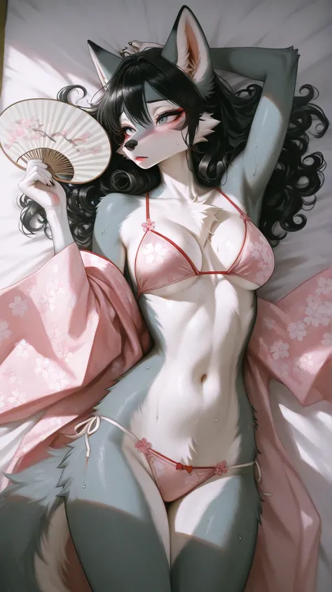 On bed, one female furry, sexy, medium breast, sexy wolf furry, cherry blossom, blushing, standing, lingerie kimono, straight hair, long curly hair, standing,(light color:1.4)GBF_style、748cmstyle、32K、 is present、Artistic、 professional lighting、close up, su...