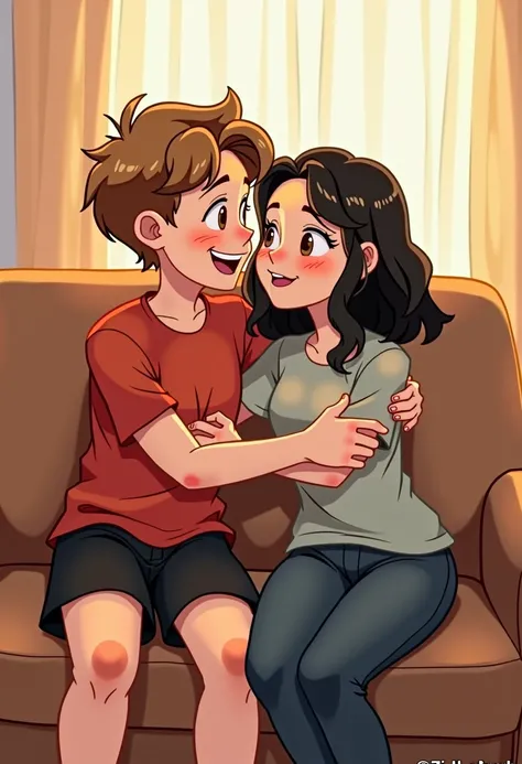  Young boy and girl hugging on the couch . European-looking guy,  brown eyes,  light skin ,  light brown slightly wavy hair .  Dressed in a red T-shirt and black knee-length shorts  .  Kazakh-looking girl ,  brown eyes,  light skin ,  black slightly wavy s...