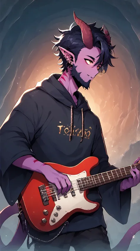 Bard rockstar Tiefling with purple skin,cool Tiefling horns with golden streatks, wearing doungeons and dragons bard rockstar outfit, holding holy electric guitar,character of D&D, black hair, black beard, in his late 20s,Ojos azules, Sonrisa, playing_inst...