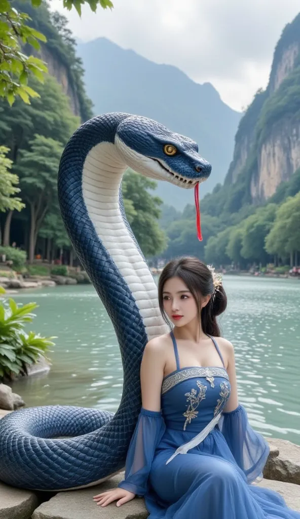 The image depicts an imaginary scene featuring a majestic giant blue-banded cobra and a seated woman posing next to . Very large snake ,  with complex scales and long body , winding. Its expression is intense ,  with sharp teeth  ,  creating an aura of str...