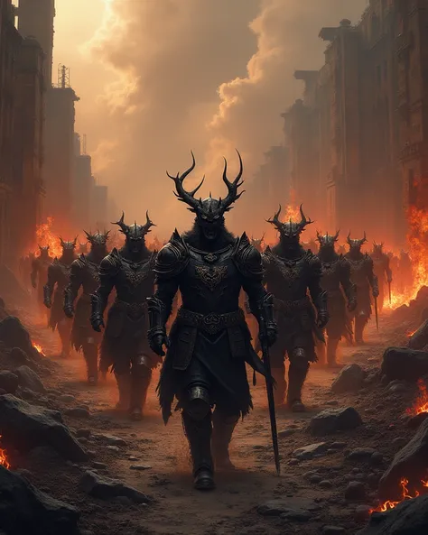 Disciplined fortified mythical ancient heavy armoured legions of demonic warriors marches through the burning ruins of conquered world