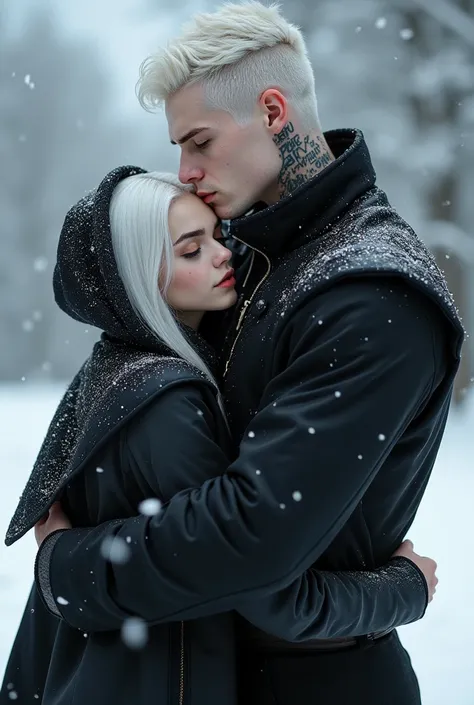 Tall boy,  muscular, pale skin, cabello negro, neck tattoos ,  red eyes,  marked jaw,  full lips,  who wears all in warm black and who is in the middle of the snow, That he's hugging a girl with half white hair and the other half black. 