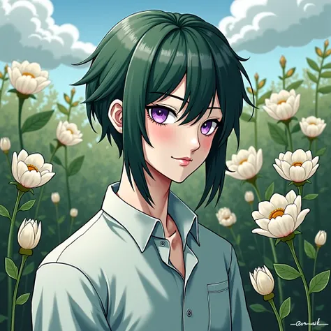 Young man with dark green hair， male，成年 male，handsome，Tall，Thin，Androgynous， Purple Pupils，Have bangs，There is a hint of seafloor in front of the forehead，The hair on both sides of the face is longer than the back of the head，Princess cut ，Hair with Should...