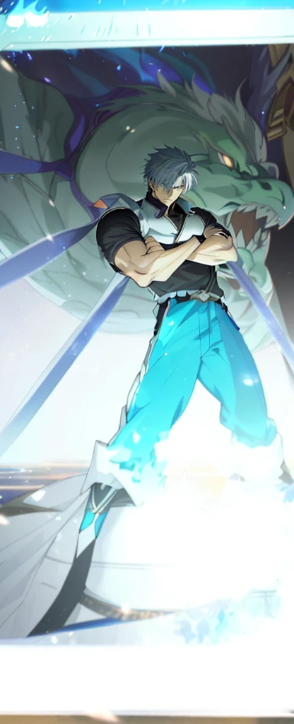  Anime image of a white-haired man ,  one of the eyes hidden by the hair  ,  wearing a blue flame in a black jacket, Shinkai sincerely, Nova Xiangcheng  , honest, Ryuta Ueda's art,   official art  ,  Handsome anime man  ,