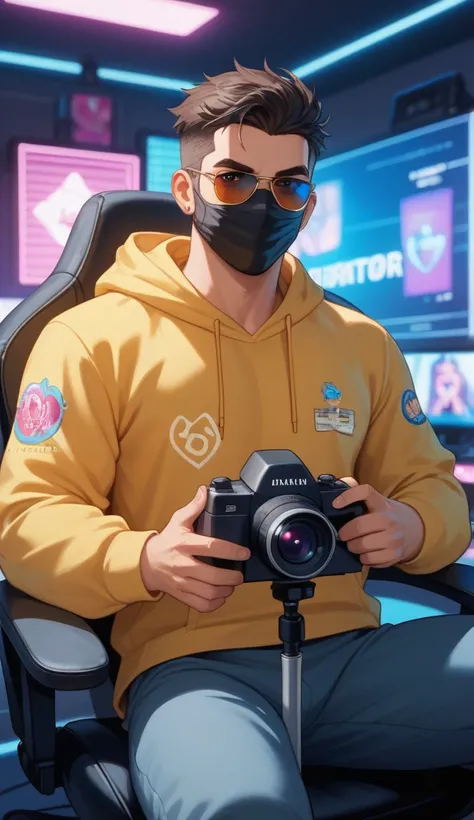 A Pakistani man sitting confidently on a
modern gaming chair in his YouTube
studio. He is wearing a bright yellow hoodie with 'zulqarnien  boldly printed on it.His face is clearly visible and expressive
despite wearing a sleek black coy10-19
mask. The man ...