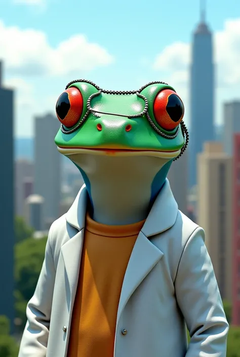 Create a very beautiful frog with a very cute mask and lab coat and São Paulo written on the background