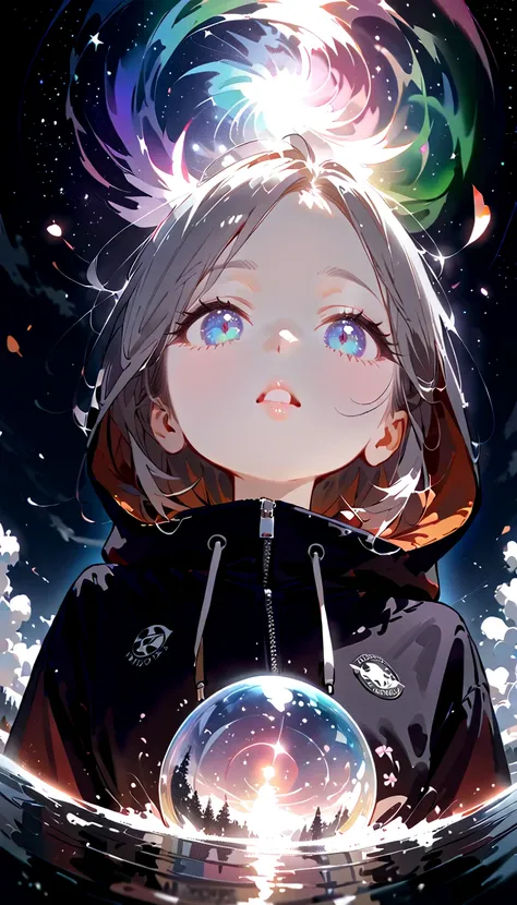  1 girl\( cute, cute, chibi,student,  young, hair\(short,Silver,floating\), Eyes of the Universe,  pale skin on a street car, ( on the forehead), close-up girl\). break .(  Clear Bubbles  \( Shining Prisms ,In the sky\), beautiful universe , ( Huge, Beauti...