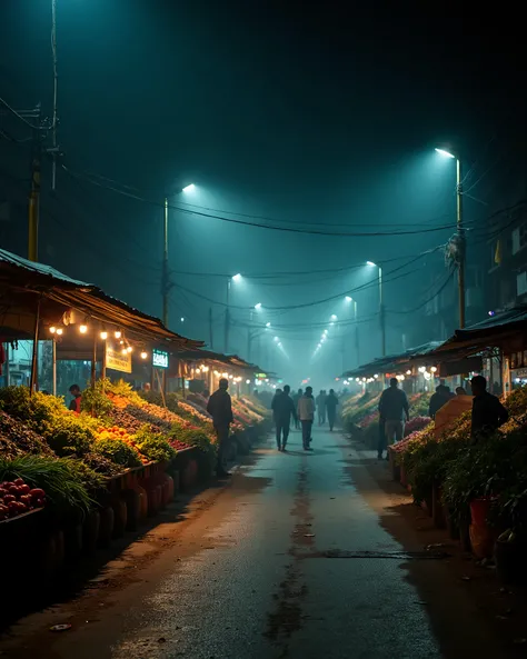 4k image, Indian vegetable market, horror Indian road , yellow side poles, big deep vegitable Market , close to camera, Indian culture, dark night market crowd, fog lightroom effect, professional photography of seen, dark night , road side , side look, tra...