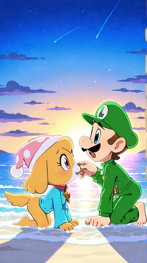 anime,  cartoon. Luigi,  the brother of Super Mario Bros ,  wearing his classic green jumpsuit and blue shirt ,  he is on a paradisiacal beach at sunset ,  with soft white sand under his feet . At her side is Skye on all fours, The Cockapoo puppy from Paw ...