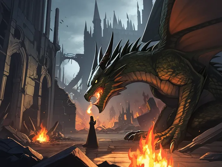 dragon fatalis,Ruins,castle,  looking at the spectator, yellow-eyed,alas, hand on the floor , open your mouth,Fire,


