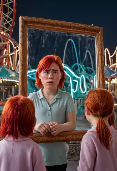 Sci-Fi and horror cinematic image: Room with a labyrinth of mirrors, even on the roof of an amusement park, with the reflection of a chubby, freckled red-haired girl with a tan lost in different ghostly versions of the girl tying the girl with chains throu...