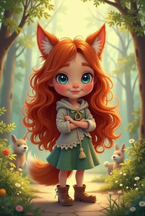  petite fille en image mignonne type Disney. Le deuxième Chloé une petite fille louve rousse au cheveux long bouclé au yeux bleu et au caractère doux , active et créative Avec comme émotion étonner et surprise