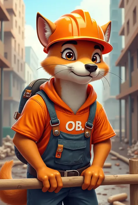 Create an animal with work clothes orange work hat orange shirt written O.b.The construction materials shirt and make him give it a hand  