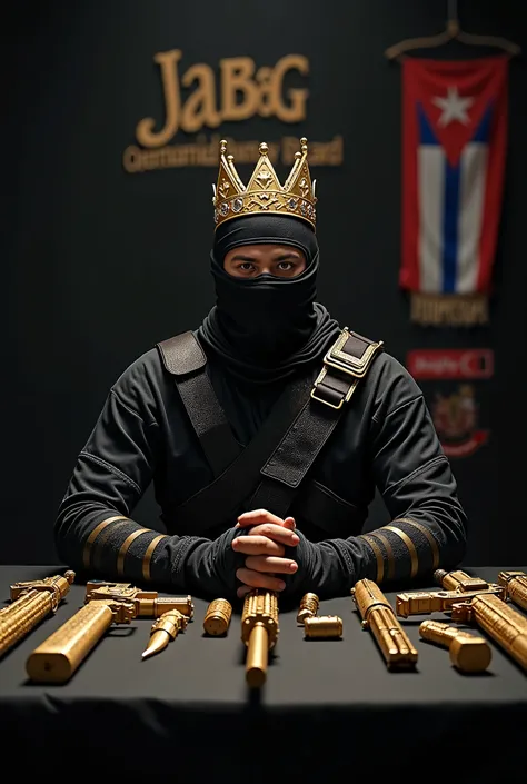 Military ninja with a diamond crown sitting at a table with lots of gold-colored weapons in front of a sign that says JabigPlay on a black background with a Cuban flag