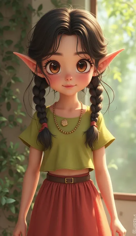  Mina has a dainty ,  elven girl of around s .  Her face is round and characterized by like innocence .  have her big ,  fawn eyes always look at the world with curiosity and happiness. minatears her medium length ,  dark hair usually tied in two braids , ...