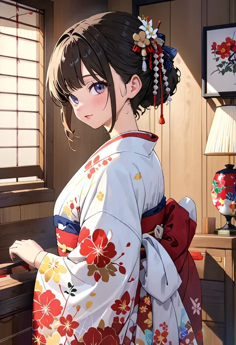  kimono, heart, (8k,  RAW Photo,  top quality,  Masterpiece: 1.2), ( by Nomi: 1.6), ( Masterpiece), ( top quality: 1.0), ( ultra high resolution: 1.0),  Details, 40s, One,  Details beautiful skin,  Details room, , by Nomi skin