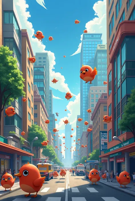 I need a decoration for the third grade classroom about little birds that form a brigade that are in a big city with buildings, business, Hospital, Fire station streets