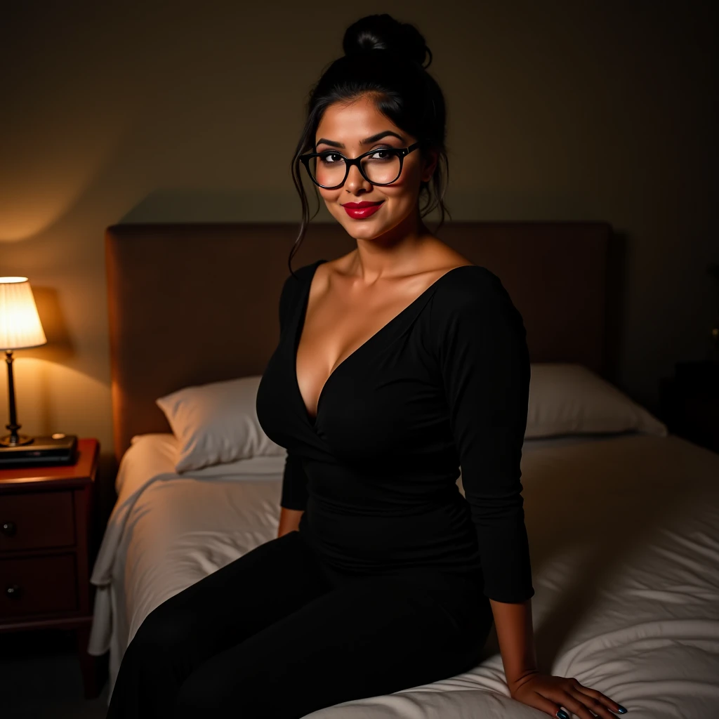 A stunning 31-year-old Bangladeshi MILF, her skin glowing with the warmth of mature beauty, dressed in a figure-hugging black dress that accentuates her voluptuous frame. Her ample, busty big boobs are tantalizingly on display, with a hint of creamy cleava...