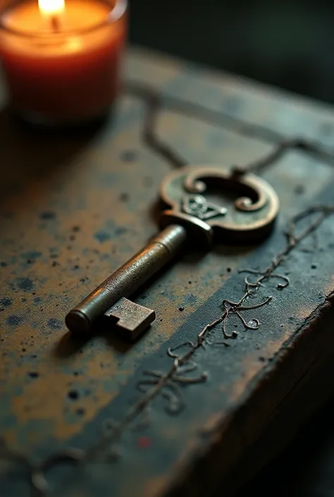 "Create a highly detailed, atmospheric image in the style of a dark, vintage photograph or a gothic painting.  

**Main Focus:**  
A **small, old key** lying on a **dusty surface**. The key is tiny and delicate, with a **tarnished, weathered appearance**. ...