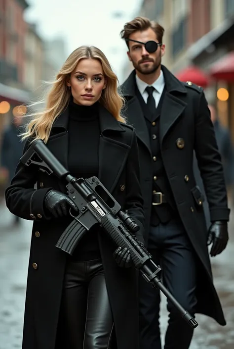 Beautiful blonde woman with long hair wearing a black coat with a turtleneck sweater underneath and wearing black gloves she is armed with an assault rifle and is accompanied by a handsome tall and strong man with an eye patch with short brown hair with a ...