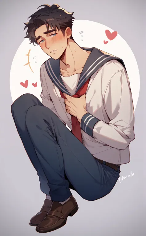 Man with his hand on his chest , as if you were feeling your heart  , he is in love,  while blushing and looking shyly in the side, He's wearing sailor's clothing,  full body 