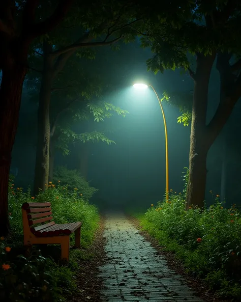 On Old Indian yellow pole light park, horror Indian Park , yellow side poles, big deep trees around and deep flowers , close to camera, flowers on path , leaves are flowing in air and path, fog lightroom effect, professional photography of seen, dark night...