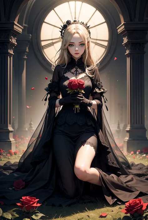  beautiful girl with green eyes , long gothic dress, black and blonde hair , kneeling on a field of roses of various colors and in his hands with black gloves he holds a single black rose.