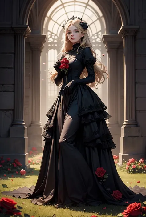  beautiful girl with green eyes , long gothic dress, black and blonde hair , kneeling on a field of roses of various colors and in his hands with black gloves he holds a single black rose.