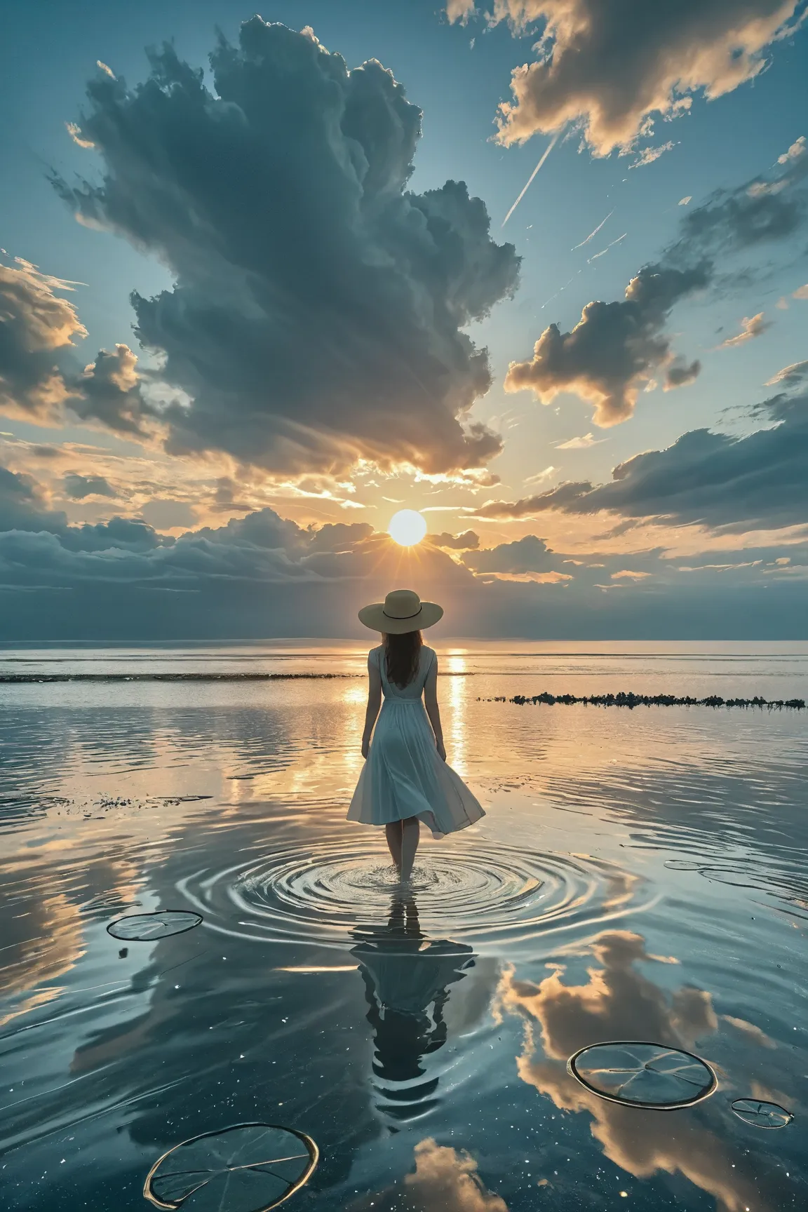 1girl, solo, long_hair, shirt, skirt, brown_hair, dress, hat, standing, outdoors, sky, cloud, white_dress, from_behind, water, white_skirt, cloudy_sky, scenery, wading, reflection, long_skirt, sun_hat, long_dress, facing_away, wide_shot, ripples, reflectiv...