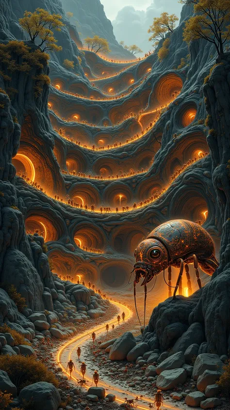 (masterpiece, best quality, extremely detailed, absurdres, very aesthetic), (Underground, Cross-section, giant ant colony, queen ant and worker ants,)