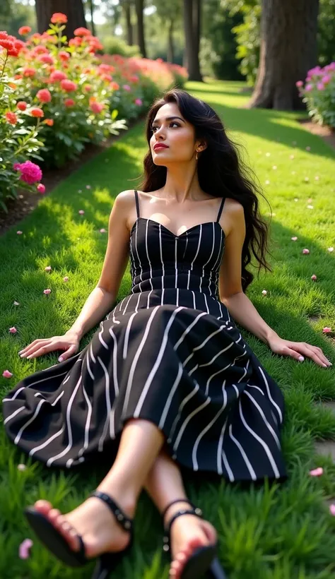 A stunning woman with thick, well-shaped thighs and an hourglass figure lies gracefully on the lush green grass in a vibrant garden, facing the sky. The long dress is a black midi-length gown with vertical white stripes that vary subtly in thickness, creat...