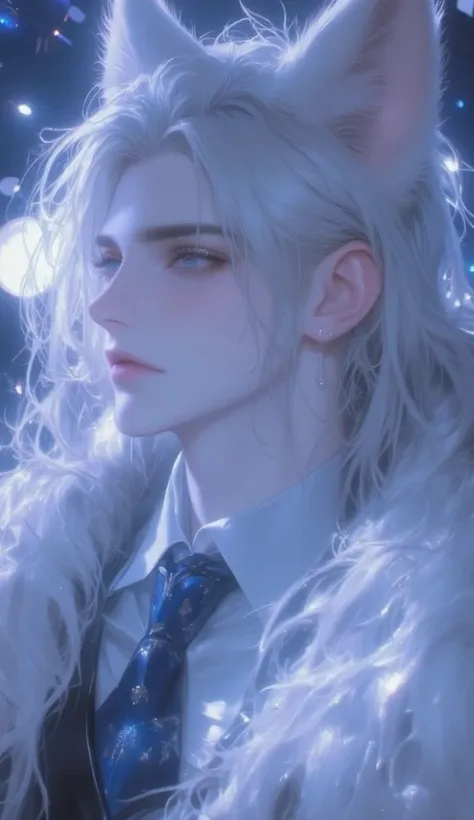 A breathtaking **close-up portrait** of an ethereal nine-tailed fox spirit, with **piercing sapphire-blue eyes that shimmer under the soft moonlight**. His **long, flowing silver-white hair** frames his delicate yet sharp facial features. His smooth, flawl...