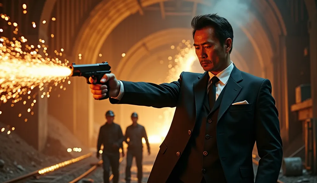 A sports-cutting detective in a suit is threatening fugitives by holding a handgun at a Japanese railway tunnel construction site where sparks pour like a waterfall from the ceiling、movie、movieスタイル、Ariflex color and resolution 、 greatest masterpieces、