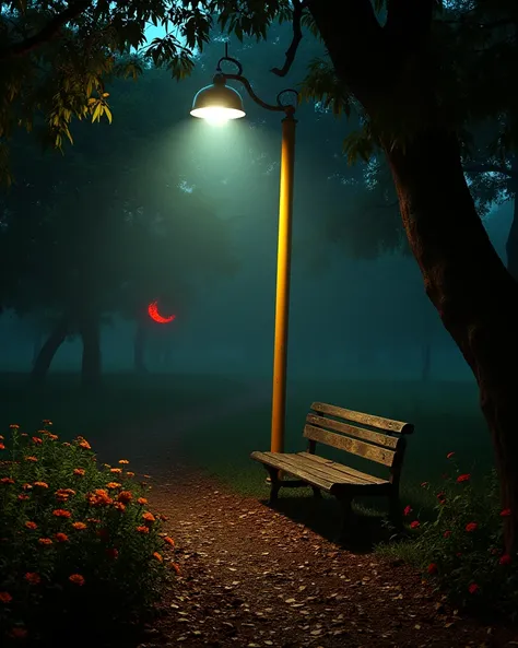 On Indian yellow pole light park, horror Indian Park, red horror eye shadow in background , yellow side poles, big deep trees around and deep flowers , close to camera, flowers on path , leaves are flowing in air and path, fog lightroom effect, professiona...